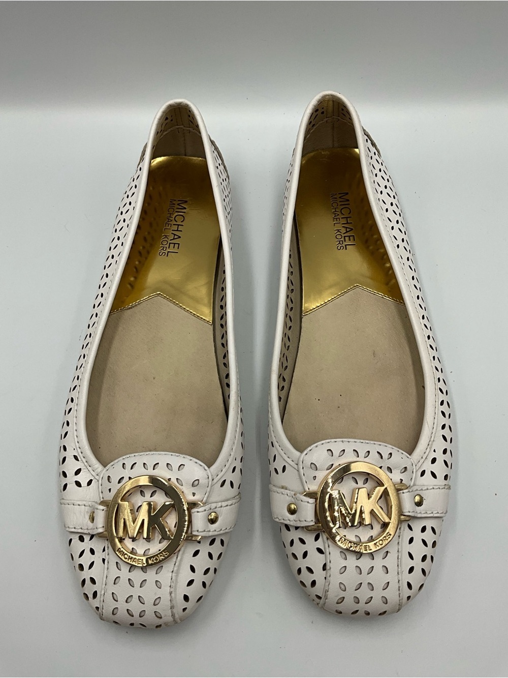 Michael Kors White Perforated Leather MK Logo Flats with Gold Hardware